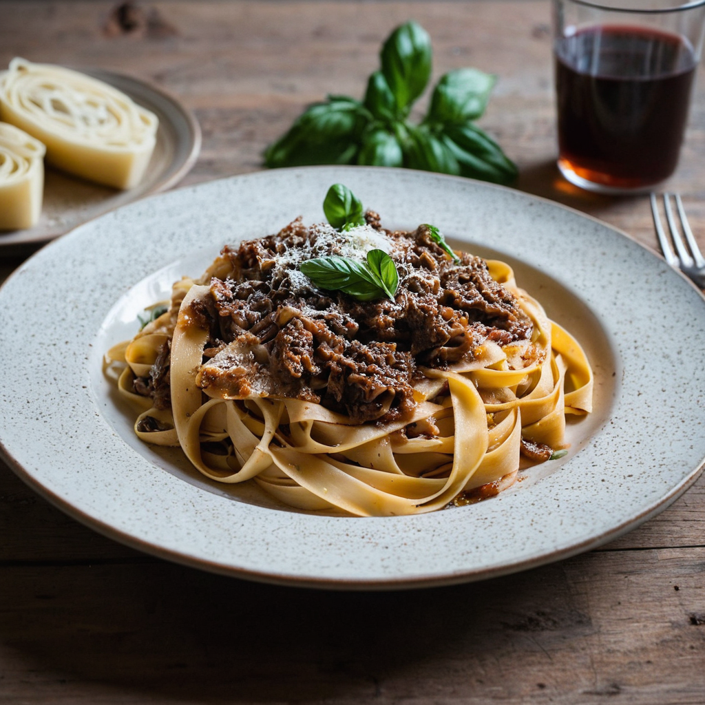 Piatto di pasta fatta in casa condita al ragù