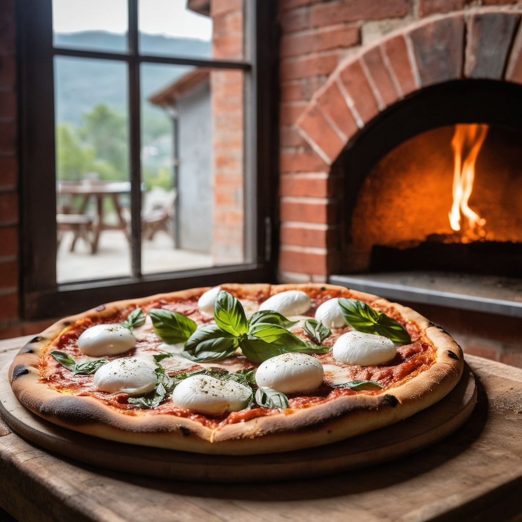 Pizza margherita appena sfornata dal forno a legna